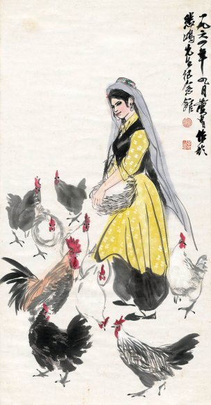 近现代 黄胄 人物 喂鸡 46×89[人物]