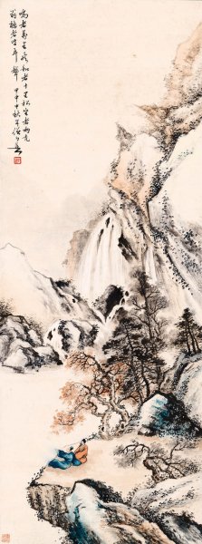 近现代 黄幻吾 观瀑山水图轴87X32[山水]