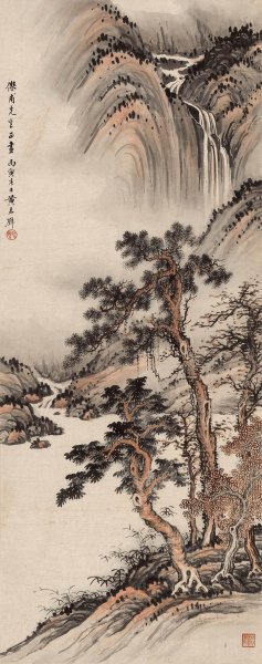 近现代 黄君壁 松岩幽瀑 21.5x54[山水]