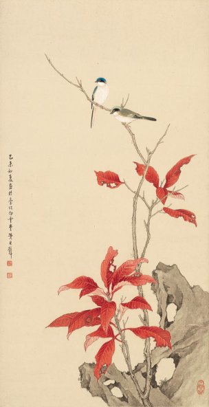 近现代 黄君壁 红叶双禽 50x97.5[山水]