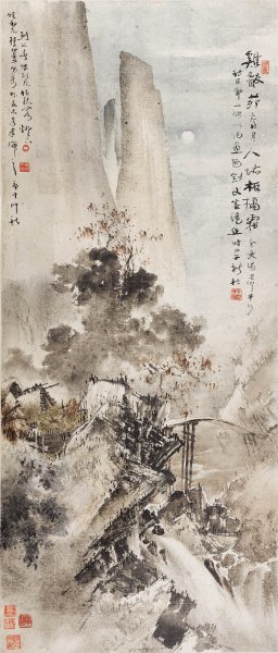 近现代 高剑父 鸡身茅店月 52×121[花鸟]