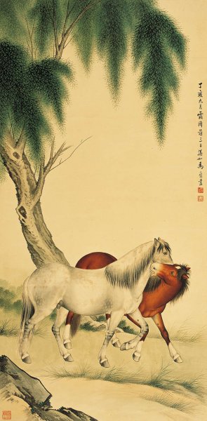 近现代 马晋 戏马图 黄背景 60X122[走兽]