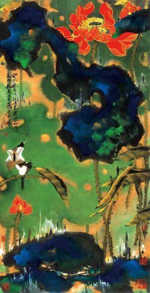 近现代 韩天衡 荷花 67x132[花鸟]