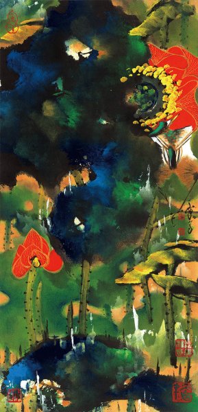 近现代 韩天衡 荷花-6 33x69[花鸟]