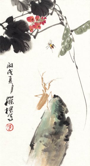 近现代 陈葆棣 花卉草虫小品_四屏3 24x44.5[花鸟