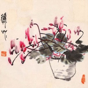 近现代 陈秋草 兔子花图 30x30[花鸟]