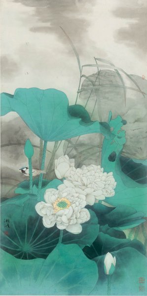 近现代 陈湘波 清风晓露碧荷香-X 66×133[花鸟]