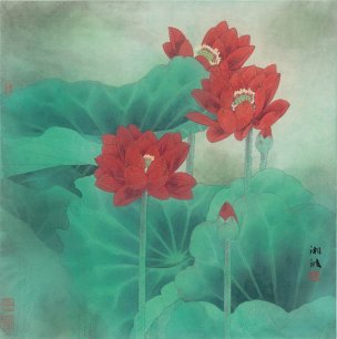 近现代 陈湘波 荷映月-X 66×66[花鸟]