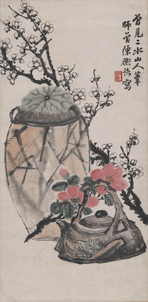 近现代 陈师曾 茶花梅花图轴68X33[花鸟]