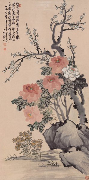 近现代 陈半丁 牡丹梅花 65.7×133[花鸟]