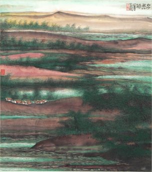 近现代 陈佩秋 白纱山水图轴67X60[山水]