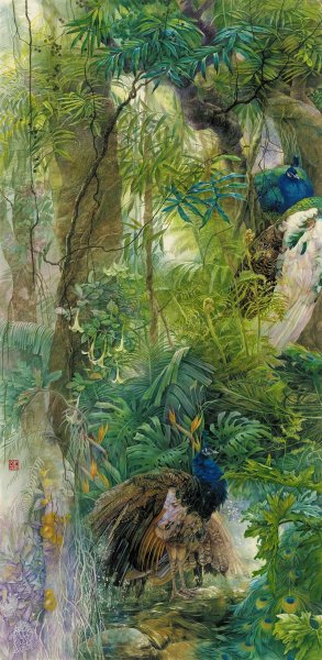 近现代 姜彦 孔雀河-孔雀3sao 97x197[花鸟]
