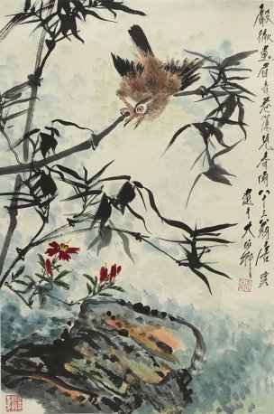 近现代 唐云 画眉春雨52X35[花鸟]