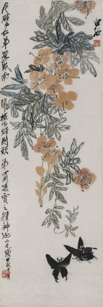 近现代 齐白石 黄花双蝶 33X99[花鸟]