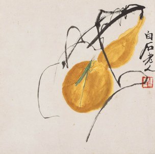 近现代 齐白石 花果草虫十二开册页-葫芦螳螂图