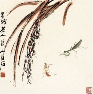 近现代 齐白石 花果草虫十二开册页-蚱蜢螳螂图