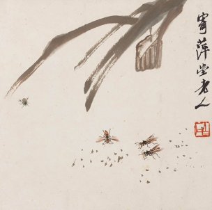 近现代 齐白石 花果草虫十二开册页-多蜂图 33x
