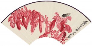 近现代 齐白石 扇面 鸣蝉老少年图扇 纸本49x24[花