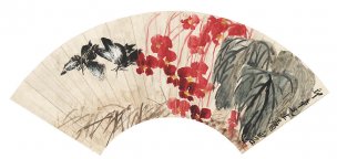 近现代 齐白石 1865-齐白石-扇面 恋花双蝶扇[花鸟