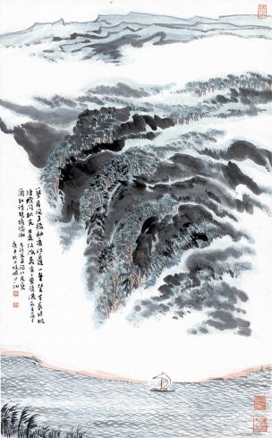 近现代 陆俨少 蓼岸风帆图 60X96[山水]