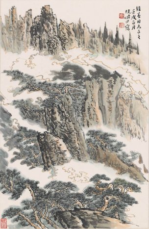 近现代 陆俨少 设色山水图轴70X45[山水]