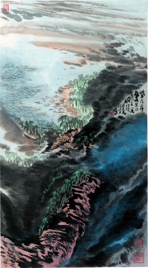近现代 陆俨少 紫崖白鸟-杜甫诗意图50x90[山水]