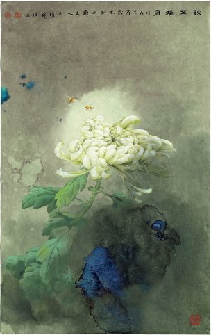 近现代 邹传安 秋英掩月-X 41x66[花鸟]