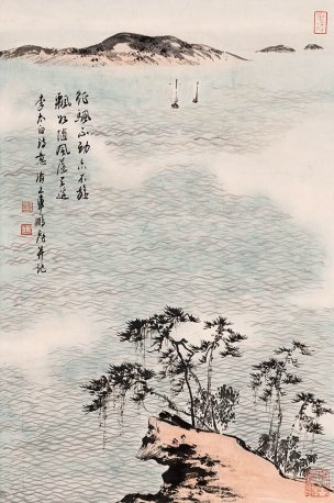 近现代 车鹏飞 太湖双帆图轴 45x67[山水] 