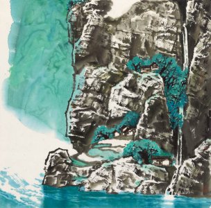 近现代 邵声朗 碧水青山鄂西村 65x65[山水] 