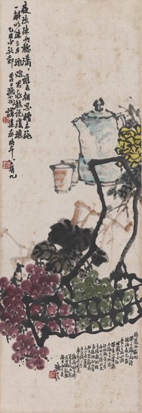 近现代 谭建丞 菊花图轴98X34[花鸟] 