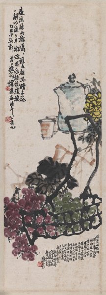 近现代 谭建丞 菊花图轴 37x102[花鸟] 