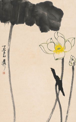 近现代 谢稚柳 荷花图轴68X42[花鸟] 