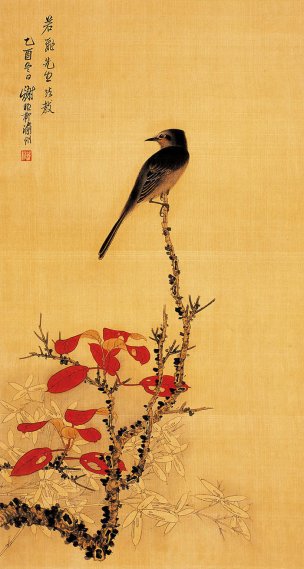 近现代 谢稚柳 枝头鸟 31.5x59[花鸟]