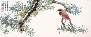 近现代 谢稚柳 榴花画眉 74x31[花鸟]