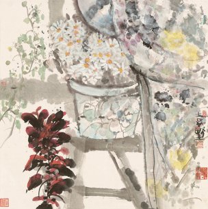 近现代 袁野 晨妆 60x60[花鸟]