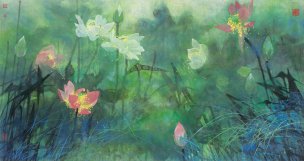 近现代 袁运甫 彩色荷塘-93x175[花鸟]