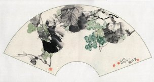 近现代 董泽 扇面 葡萄明珠图  58×31[花鸟]