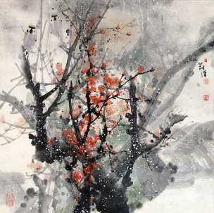 近现代 董泽 梅花图  48×48[花鸟]