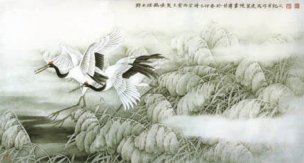 近现代 莫建成 野水烟鹤淚 98.5x53[花鸟]
