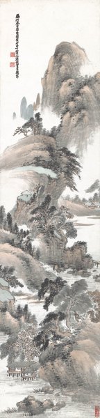 近现代 萧俊贤 仿王蒙溪山雨意图轴 纸本31.9x13