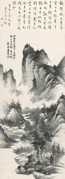 近现代 萧愻 墨笔山水轴 纸本44.9x122[山水]