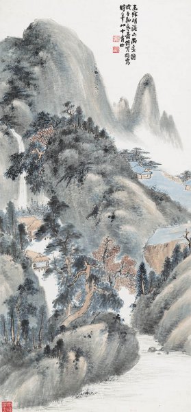 近现代 萧俊贤 山水轴 纸本52.5x112.6[山水]