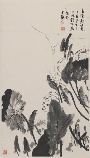 近现代 舒伯展 绘画墨荷图 62x110[花鸟]