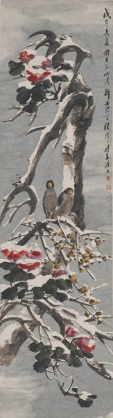 近现代 程璋 茶花雪景图轴150X41 [花鸟]