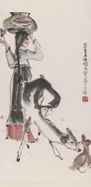 近现代 程十发 少女双鹿图轴139X68 [人物]