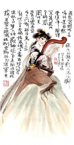 近现代 程十发 李凭弹箜篌[人物]