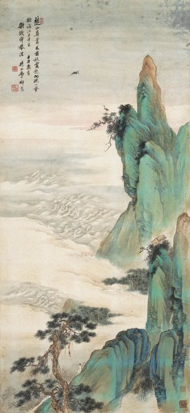 近现代 祁昆 金碧青绿山水轴 纸本50.4x109[山水]
