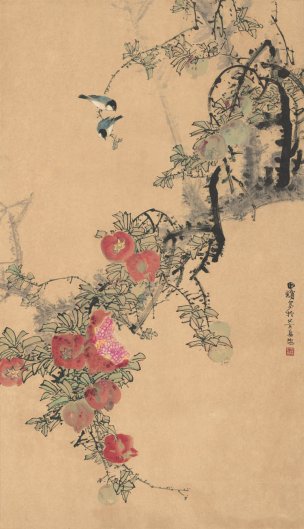 近现代 田铺 石榴小鸟68X118[花鸟]