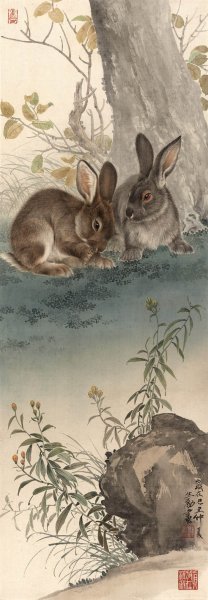 近现代 王生勈 双兔Scan090926-04 30x85[走兽]
