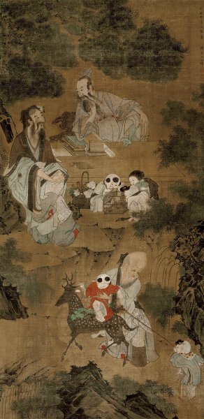近现代 王文炜 祝寿图轴-绢 清晰度一般[人物]